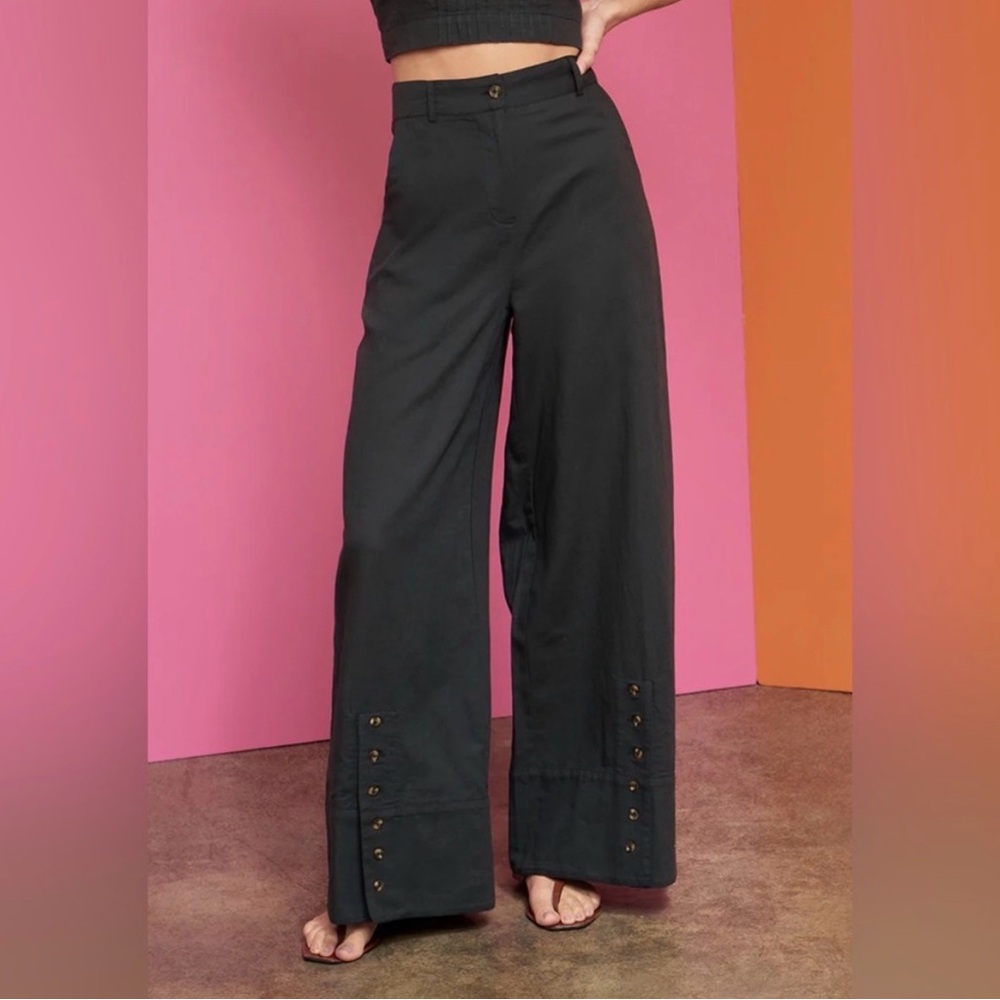 High-Rise Wide Leg Button-Hem Pants in Black